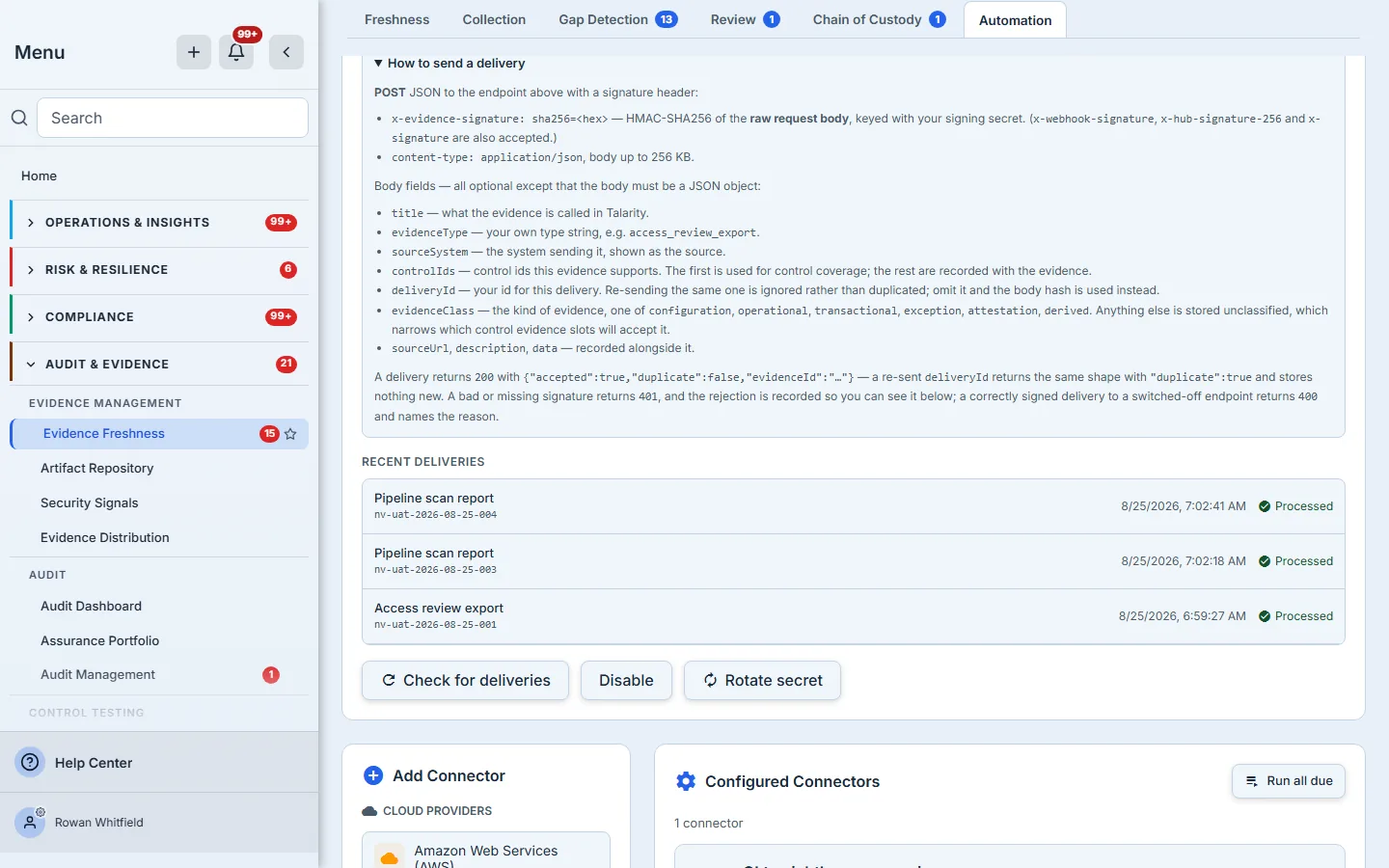 The Recent deliveries list showing each accepted delivery with its event type, your delivery id, and its processed state.