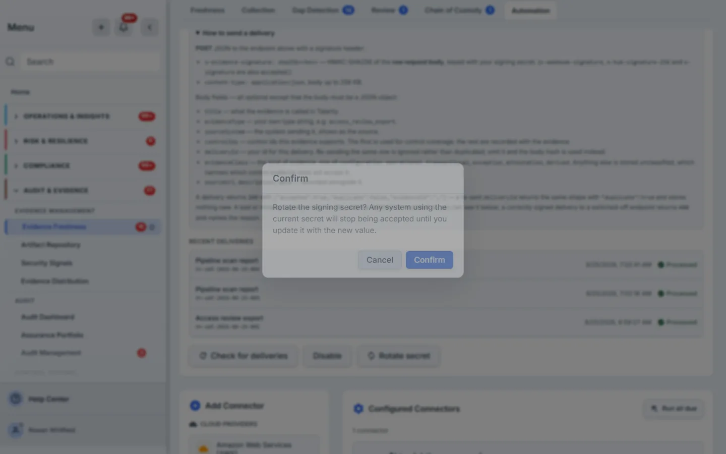 The rotate confirmation stating that systems using the current secret will stop being accepted.