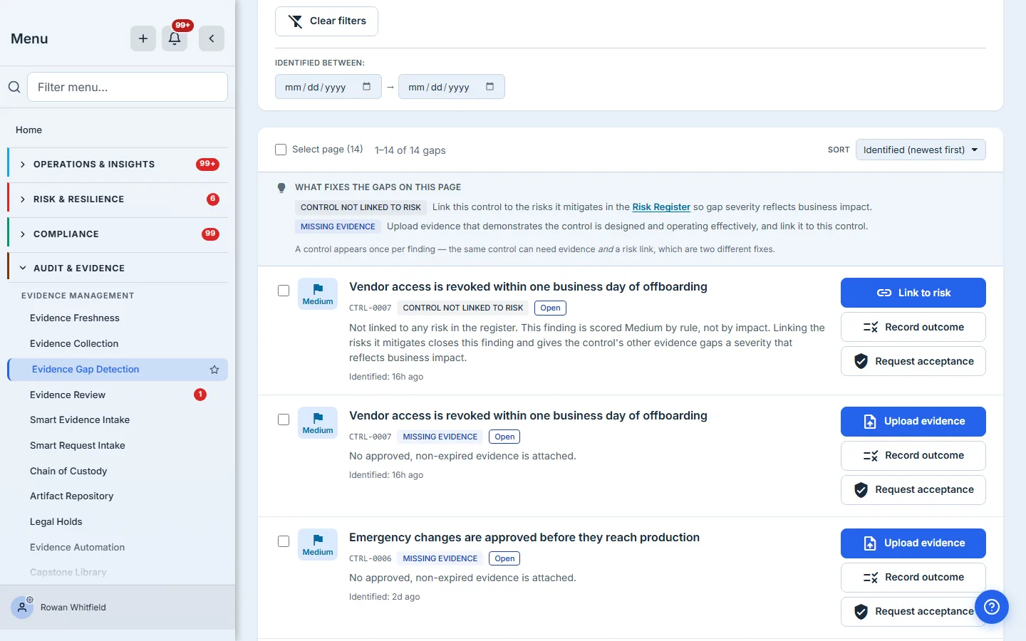 Three findings, the first two on the same control, each labelled Medium and each offering Link to risk or Upload evidence alongside Record outcome and Request acceptance. The first is tagged "Control not linked to risk" and reads "This finding is scored Medium by rule, not by impact", with the action "Link to risk"; the second is tagged "Missing evidence" on that same control, with "Upload evidence". Above the list a panel headed "What fixes the gaps on this page" gives the remedy for each finding type, and notes that a control appears once per finding.