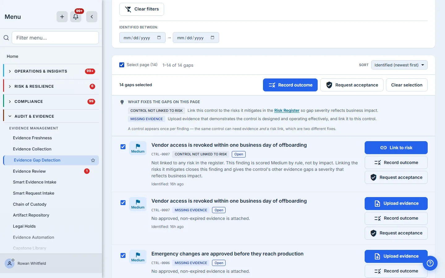 The whole page of findings selected at once. A bar reads "14 gaps selected" with the actions Record outcome, Request acceptance and Clear selection, while each row still carries its own Link to risk or Upload evidence button.