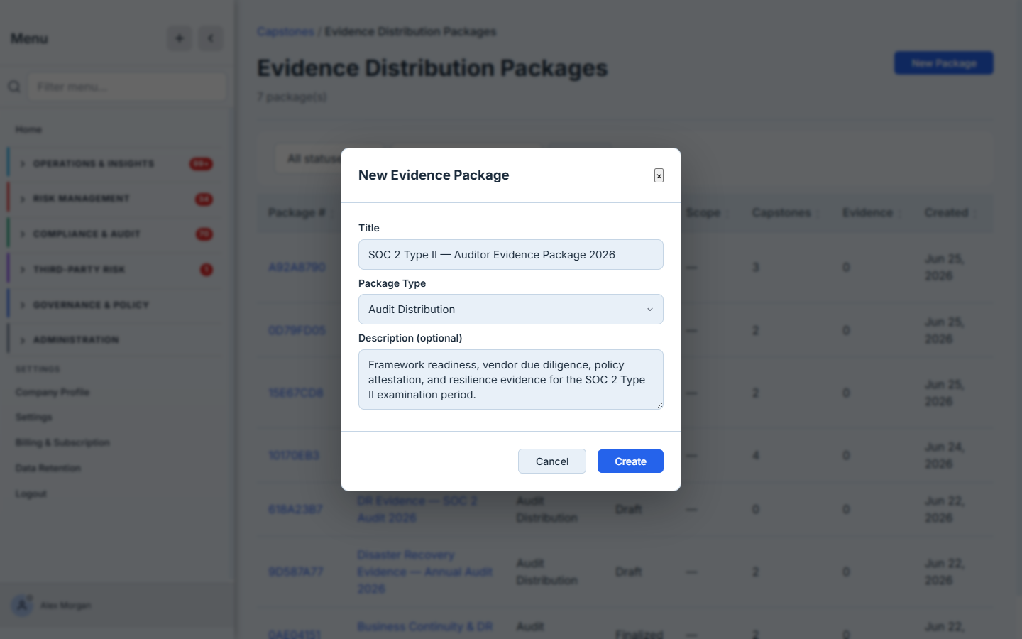 The New Evidence Package dialog — a Title field, a Package Type selector showing the four audiences, and an optional description, with a Create button.