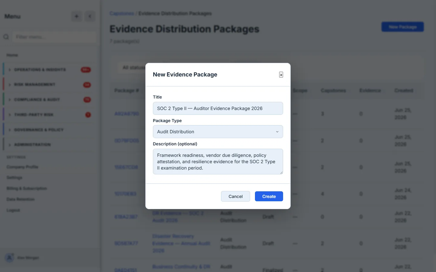 The New Evidence Package dialog — a Title field, a Package Type selector showing the four audiences, and an optional description, with a Create button.