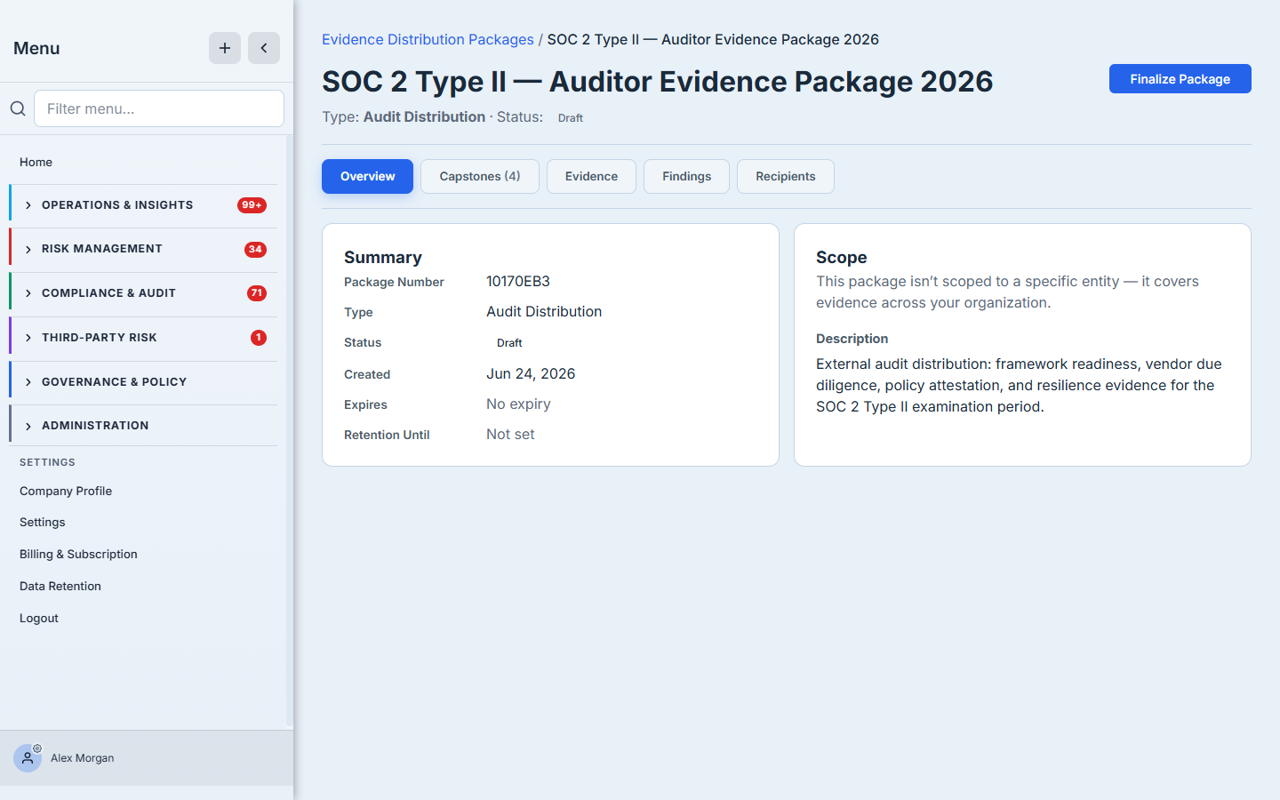 A new draft package's Overview — Type: Audit Distribution, Status: Draft, a Finalize Package button, and a Summary panel with the package number, created date, expiry and retention.
