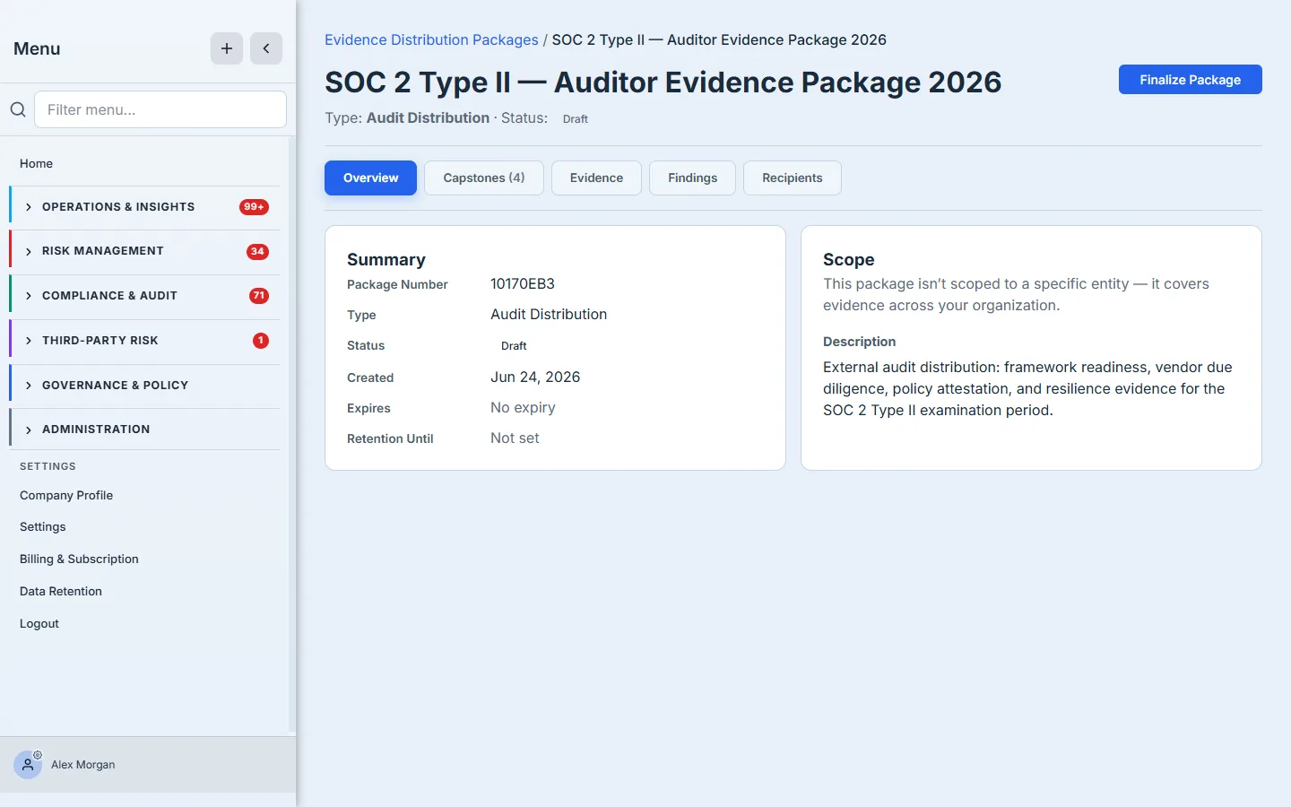 A new draft package's Overview — Type: Audit Distribution, Status: Draft, a Finalize Package button, and a Summary panel with the package number, created date, expiry and retention.
