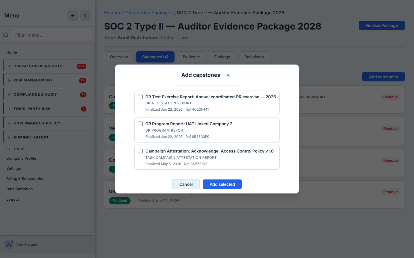 The Add-capstones picker — a checklist of finalized capstones, each showing its type, title, and a "Finalized · Ref" line, with an Add-selected button.