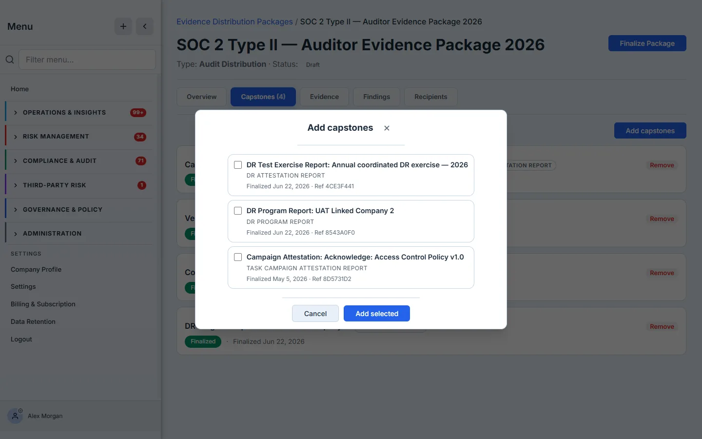 The Add-capstones picker — a checklist of finalized capstones, each showing its type, title, and a "Finalized · Ref" line, with an Add-selected button.