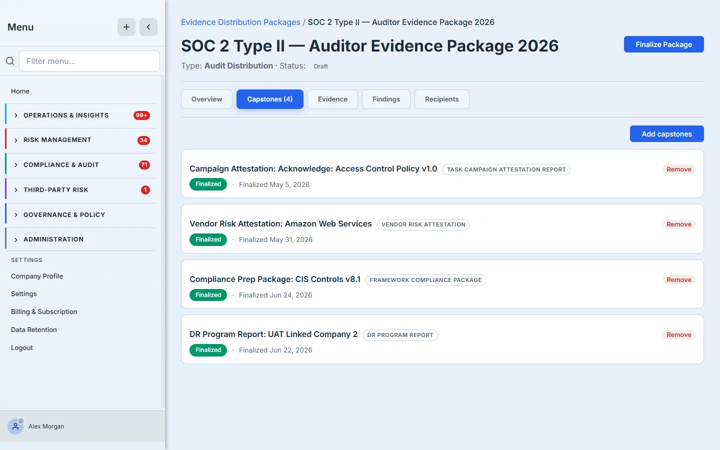 The package's Capstones tab — four cross-domain capstones assembled in one package: a policy-acknowledgement attestation, a vendor risk attestation for Amazon Web Services, a CIS Controls v8.1 framework package, and a DR Program Report, each marked Finalized.