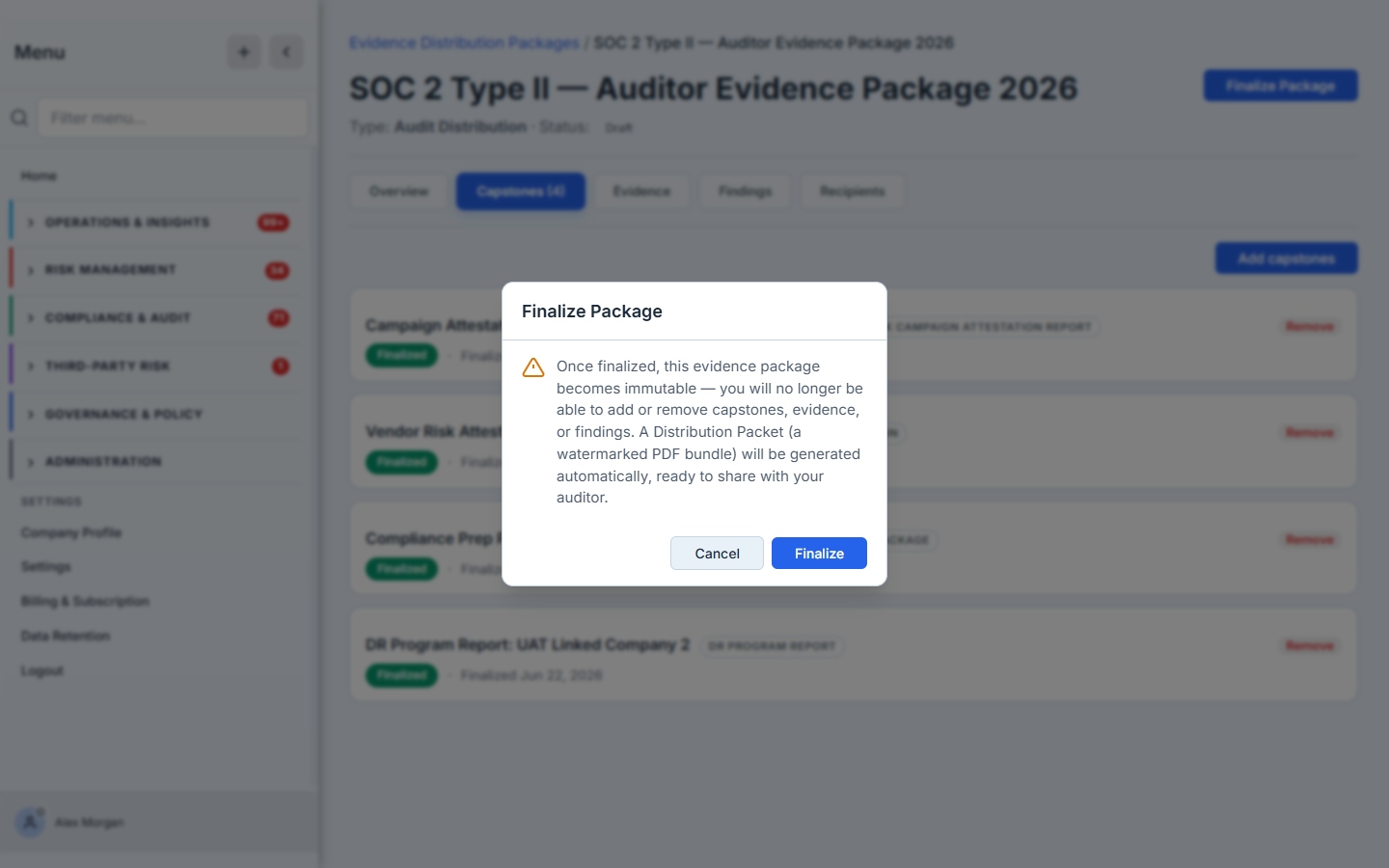 The Finalize confirmation dialog — a warning that the package becomes immutable and a watermarked Distribution Packet will be generated automatically, with Cancel and Finalize buttons.