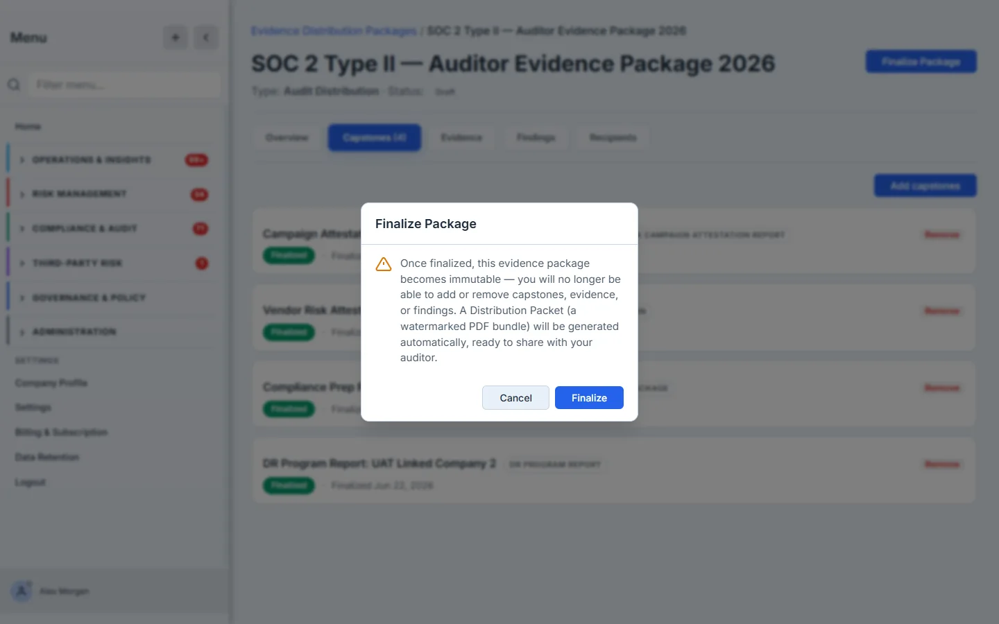 The Finalize confirmation dialog — a warning that the package becomes immutable and a watermarked Distribution Packet will be generated automatically, with Cancel and Finalize buttons.