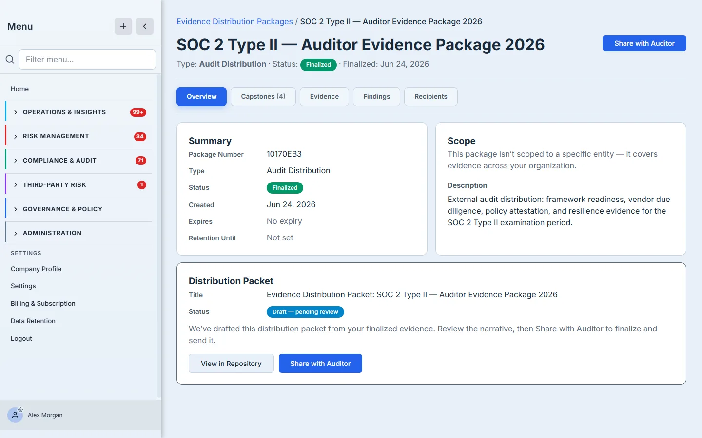 The finalized package — Status: Finalized with the finalize date, and a Distribution Packet card showing the auto-drafted packet marked "Draft — pending review" with a line explaining it was drafted from your finalized evidence, ready to share.