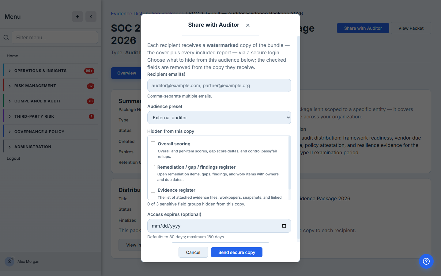 The Share with Auditor dialog — a recipient email field, a Redaction profile selector defaulting to External auditor, and an optional access-expiry date that defaults to 30 days, above a Send-secure-copy button.