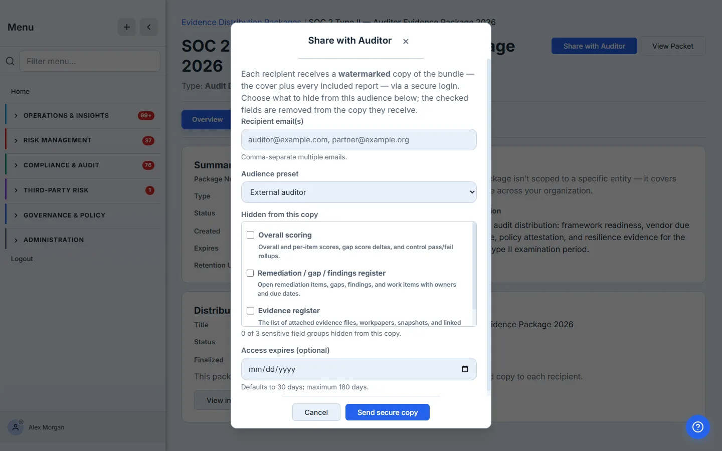 The Share with Auditor dialog — a recipient email field, an Audience preset, the "Hidden from this copy" field-group checklist with a live count, and an optional access-expiry date that defaults to 30 days, above a Send-secure-copy button.