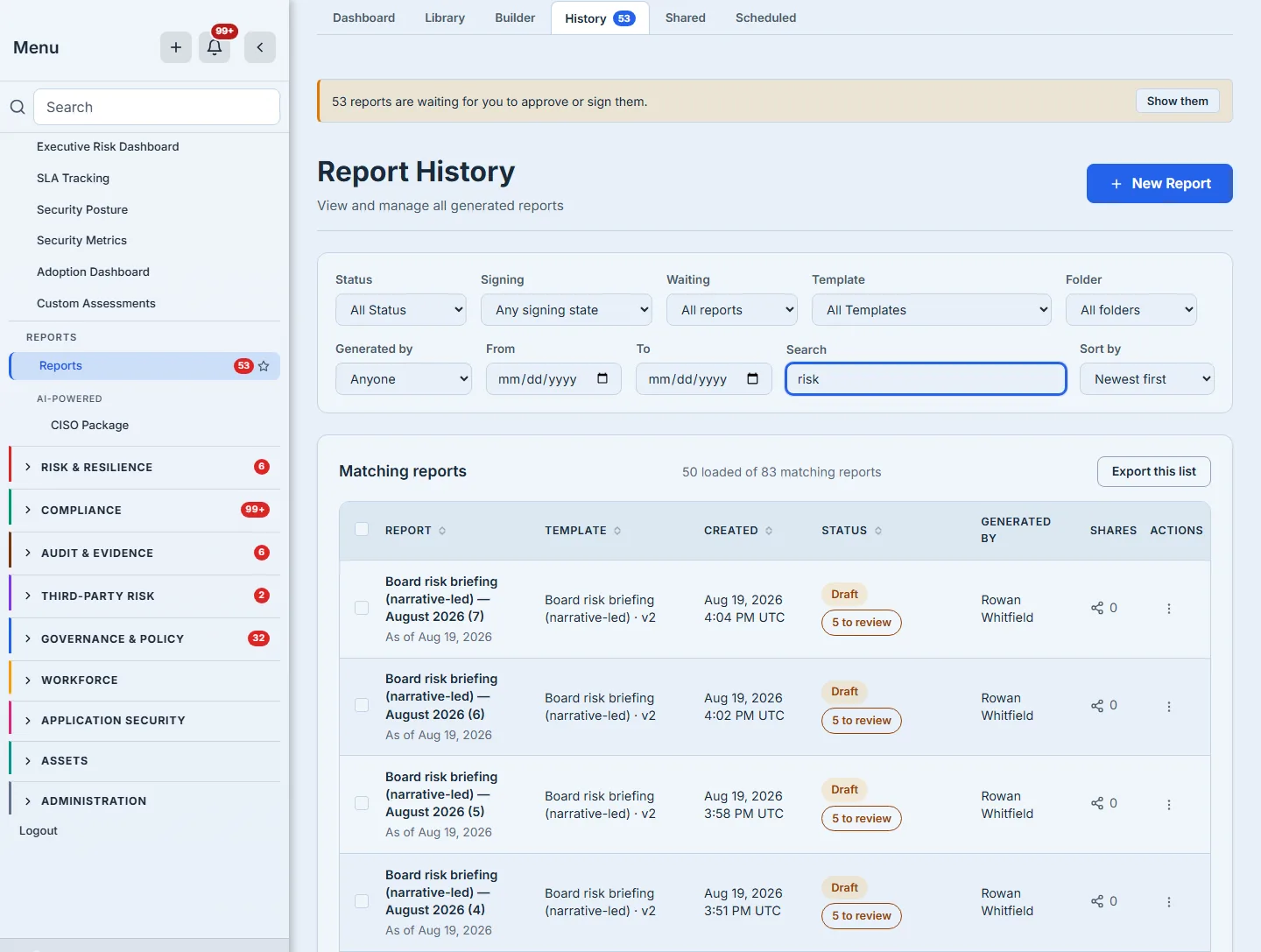 The list narrowed by the search term "risk", which sits in the Search box with a focus ring around it. The card heading reads "Matching reports" rather than "All reports", and the count beside it reads "50 loaded of 83 matching reports". Four rows are in view and they are the same report four times — "Board risk briefing (narrative-led) — August 2026" numbered (7), (6), (5) and (4), all from the template "Board risk briefing (narrative-led) · v2", all generated by Rowan Whitfield, all as of Aug 19 2026, separated only by the minute they were created: 4:04, 4:02, 3:58 and 3:51 PM UTC. Each carries an amber "Draft" badge with an outlined "5 to review" beneath it, and each shows 0 shares. That repetition is not a staging artefact — it is what a register looks like when somebody regenerates a board pack while working on it, and it is the reason a row states its own number rather than leaving the reader to compare timestamps by eye.