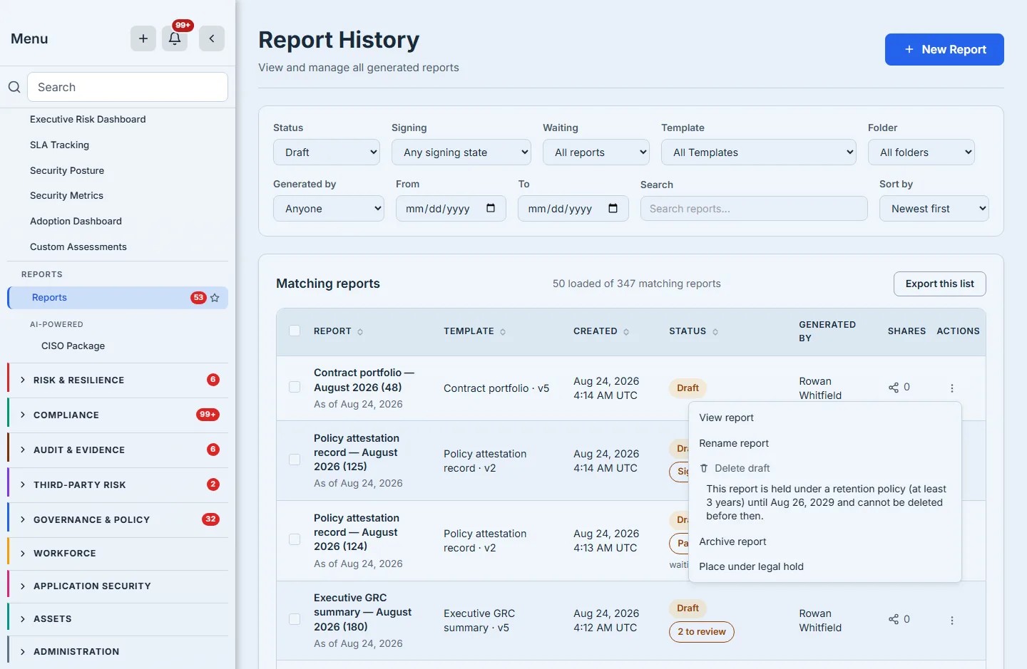 The list filtered to Draft, with a row's action menu open: View report, Rename report, then a greyed "Delete draft", then Archive report and Place under legal hold. Beneath the greyed control, in plain text at full strength: "This report is held under a retention policy (at least 3 years) until Aug 26, 2029 and cannot be deleted before then." Archive report and Place under legal hold both sit below the refusal, undimmed — neither is deletion, and the retention floor blocks neither. The menu is a real popup and covers part of the two rows beneath it, so their status badges keep only their first few characters at its left edge; that is what an open menu does to the rows under it, photographed rather than staged around.