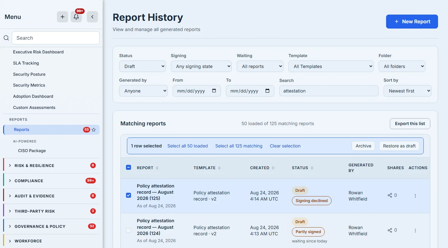 The Report History list filtered to Draft and narrowed further by the search term "attestation", with one row's checkbox ticked. A bar has appeared above the table reading "1 row selected", then three links — "Select all 50 loaded", "Select all 125 matching", "Clear selection" — and two buttons at the right, "Archive" and "Restore as draft". Both are offered together rather than swapped, because a selection can hold archived and live reports at once and the bar answers for whatever is ticked. In this frame the filter is Draft, so nothing ticked is archived and pressing "Restore as draft" would say so rather than act — the bar keeps a verb the next selection may need and explains when asked, instead of hiding it and teaching the reader it was never there. The card header behind it reads "50 loaded of 125 matching reports", and the header checkbox is drawn indeterminate rather than ticked, which is the correct third state for "some of what is loaded". The selected row is "Policy attestation record — August 2026 (125)", carrying a filled amber "Draft" and, beneath it, an outlined "Signing declined" — a report can be selected for a bulk action whatever condition it carries.
