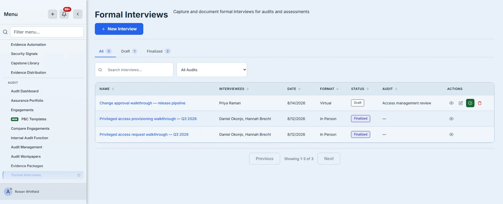 The Formal Interviews register with tabs counting all, draft and finalized interviews, a search box, an audit filter, and a table showing each interview's name, interviewees, date, format, status and linked audit