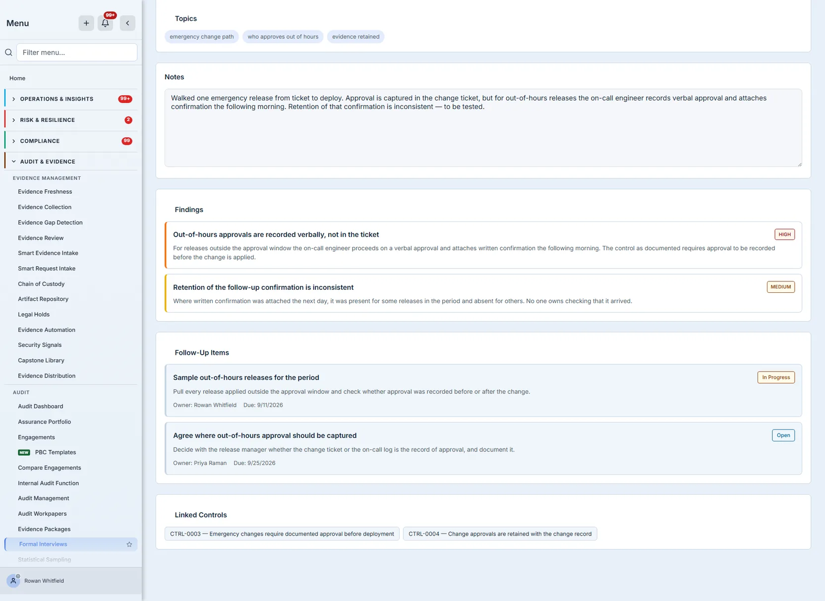 The notes taken during a walkthrough, above two findings recorded at high and medium severity, two follow-up items each carrying an owner, a due date and a status, and the two change-approval controls the conversation covered named at the foot of the record