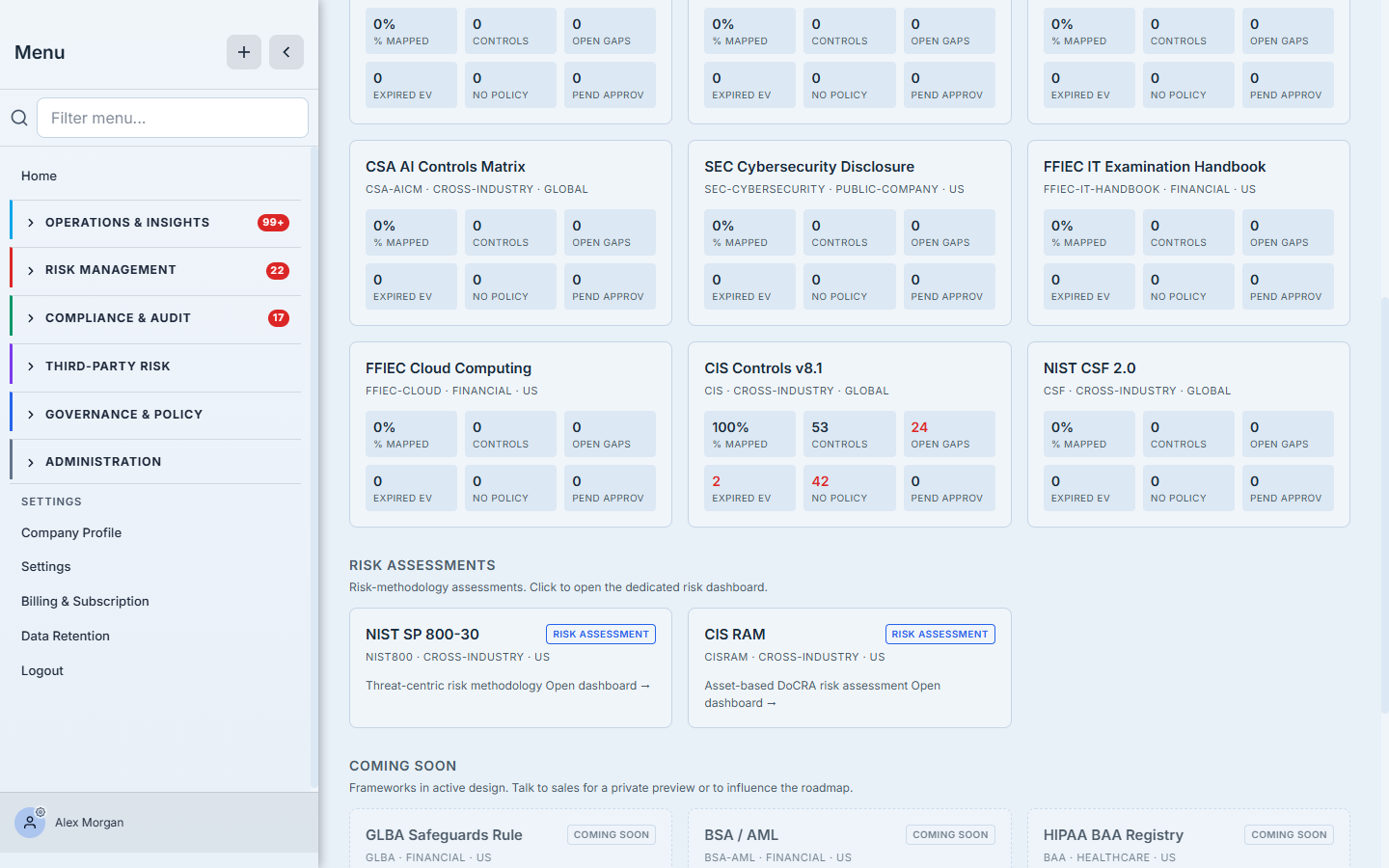The Frameworks landing — a card per framework with live readiness KPIs (% mapped, controls, open gaps, expired evidence).