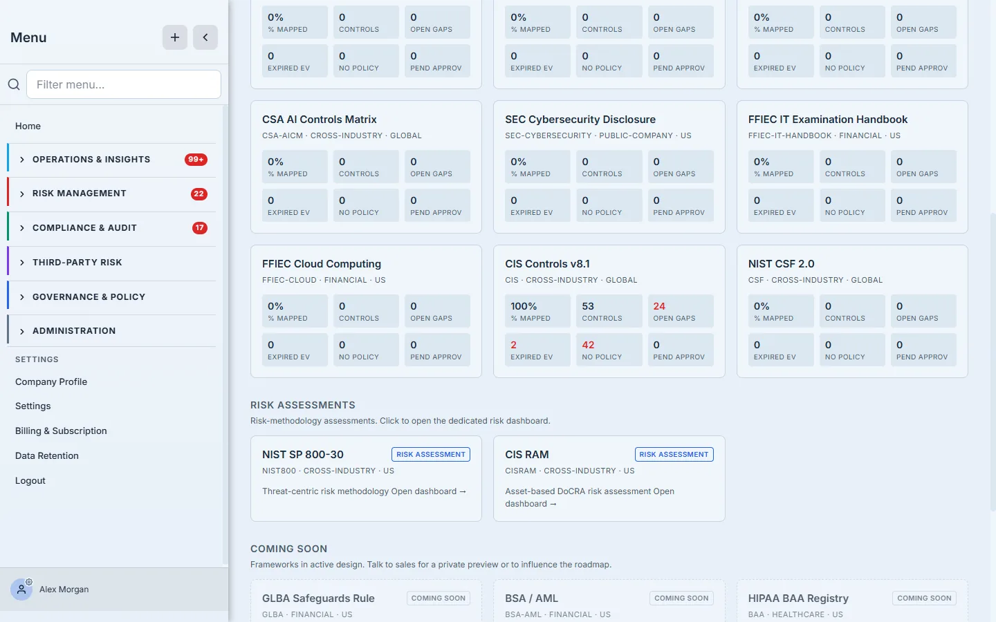 The Frameworks landing — a card per framework with live readiness KPIs (% mapped, controls, open gaps, expired evidence).