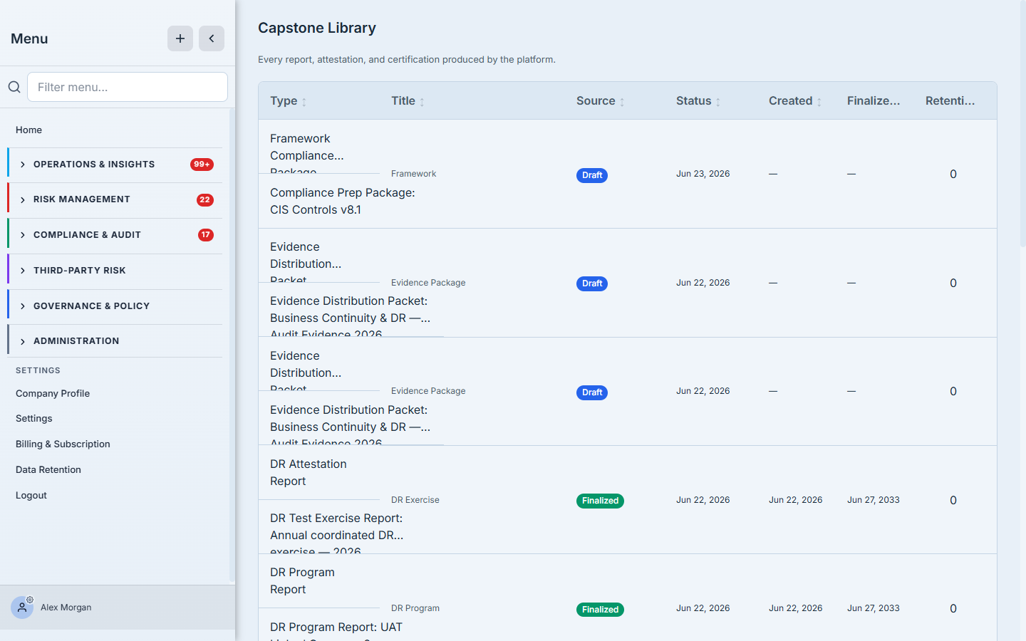 The Capstone Library — the generated framework compliance package listed alongside the org's other reports and certifications.