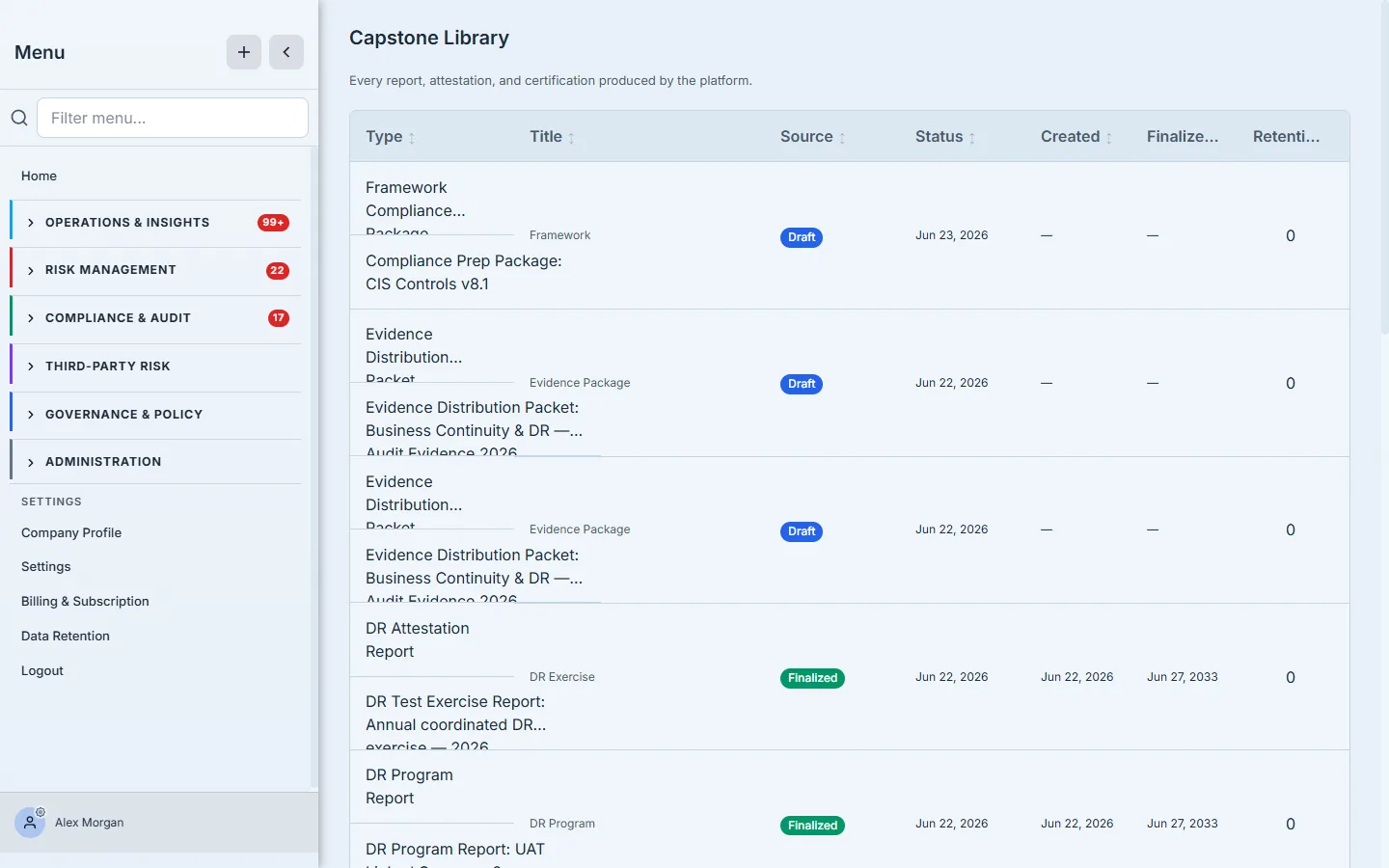 The Capstone Library — the generated framework compliance package listed alongside the org's other reports and certifications.