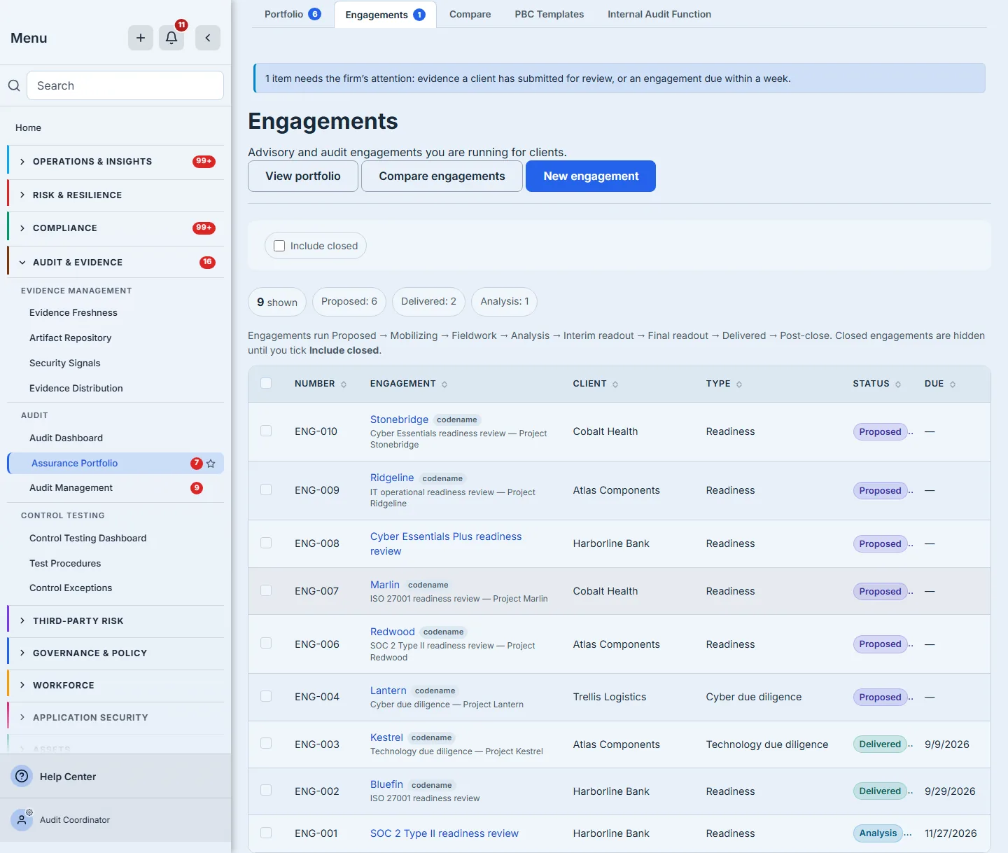 The engagement work list: nine rows with client, type, status and due date, seven of them led by a codename chip, beneath the status summary chips counting six Proposed, two Delivered and one Analysis.