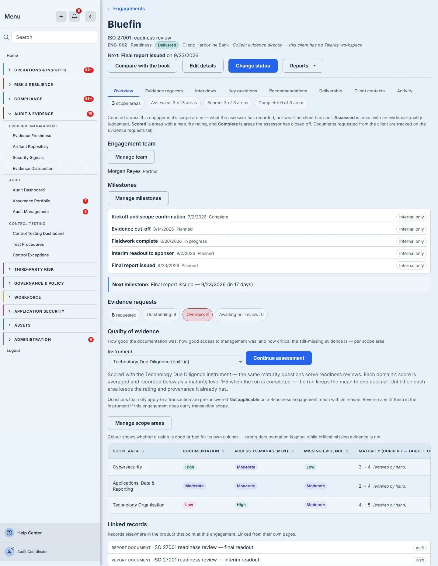 The case file Overview: completion counts across Assessed, Scored and Complete, above the scope-area table with maturity, evidence-quality ratings and provenance.