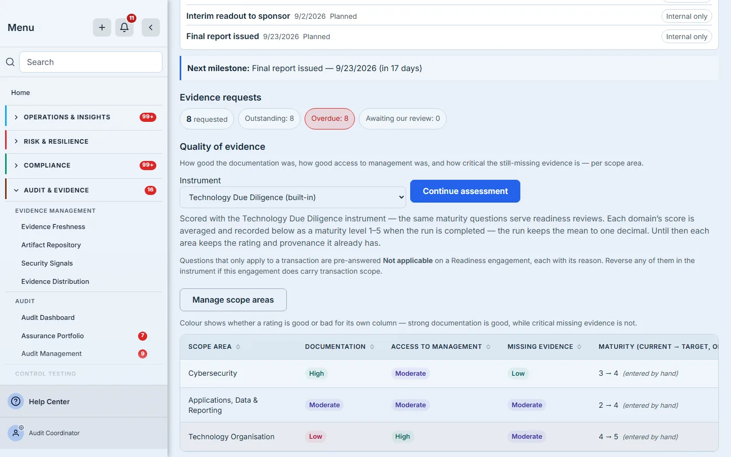 The instrument picker on the Overview tab: the closed instrument select reading Technology Due Diligence (built-in), the Continue assessment control on the same baseline, and the note explaining what will happen to the scope areas when the run completes.