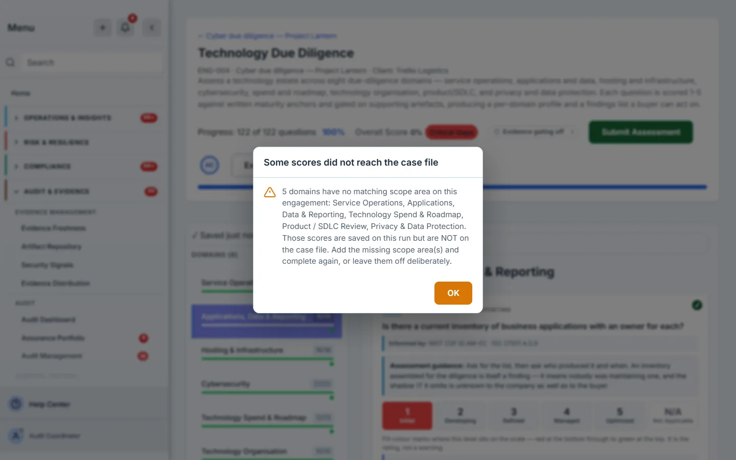 The completion notice naming the domains whose scores did not reach the case file, and why.
