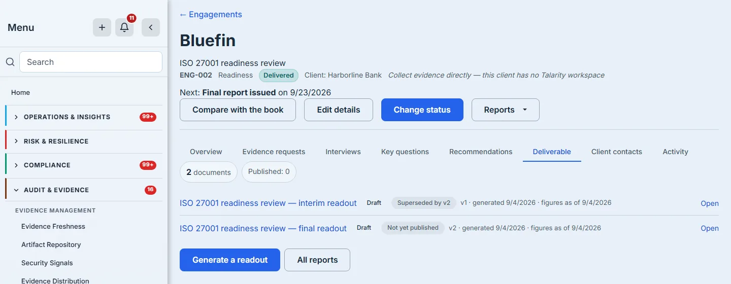 The Deliverable tab listing two versions of one readout: v1 marked Superseded by v2, v2 marked Not yet published, both still drafts, above the control that generates the next one.