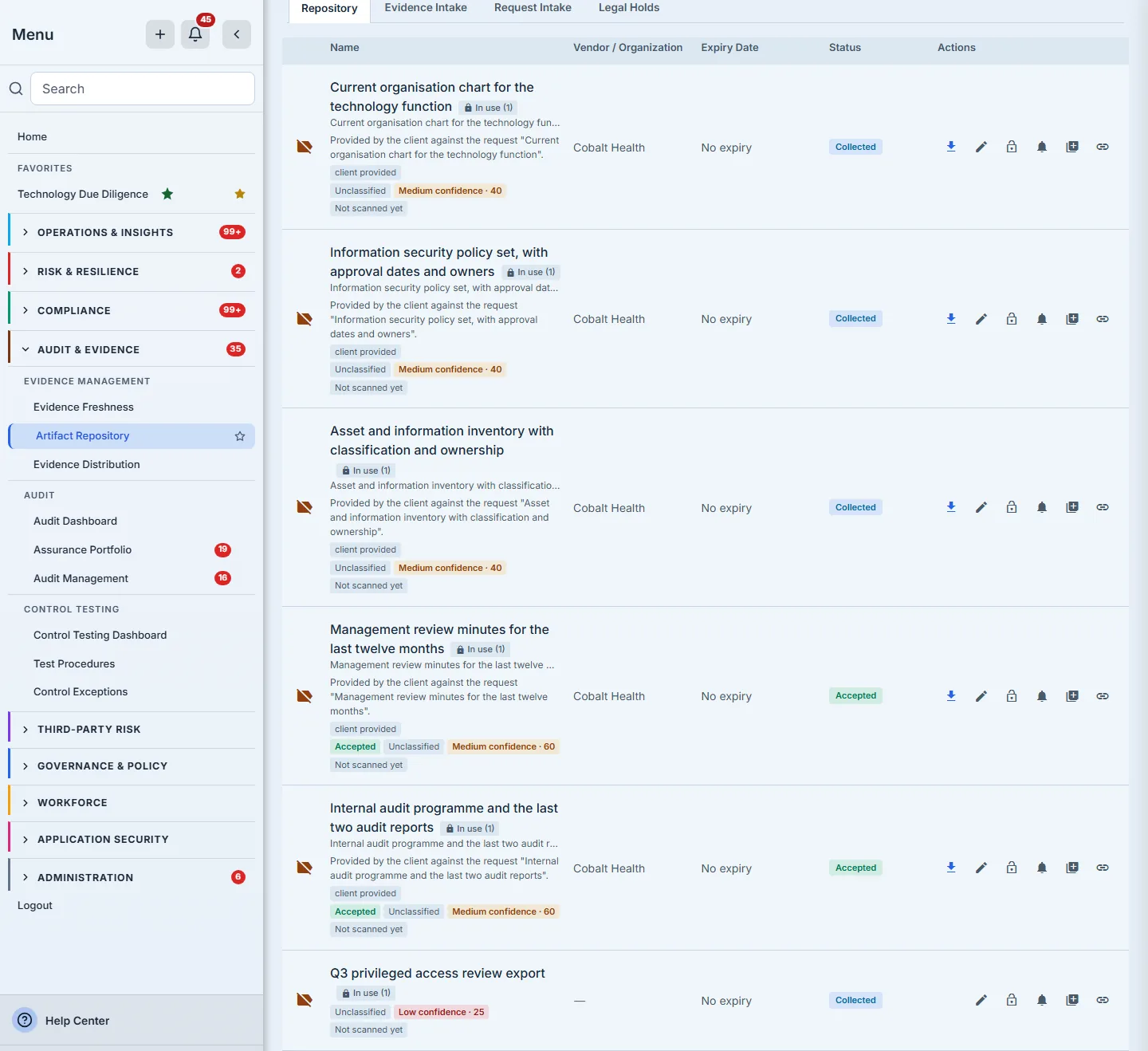 The firm's Artifact Repository, on its Repository tab. Every row carries a lock pill reading In use (1), which is what protects a document an auditor is still working with from being deleted. Five documents a client uploaded each carry a client provided tag and a description that begins "Provided by the client against the request" and names the ask — among them the Management review minutes and the Internal audit programme, which the firm accepted in the previous step and which read Accepted here, beside an Accepted chip and a higher confidence score; the internally collected document below them carries neither tag nor chip. Under Vendor / Organization every client-provided row names Cobalt Health, the client that sent it, and the internally collected row shows a dash.