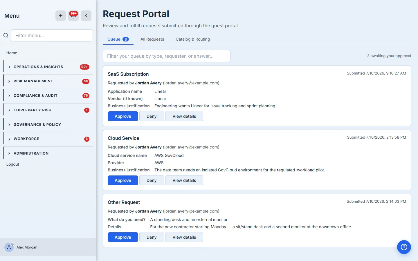 The Request Portal queue — a search box and a live "3 awaiting your approval" count above a card per request, each showing the request type, who asked, and their submitted answers, with Approve, Deny, and View details.