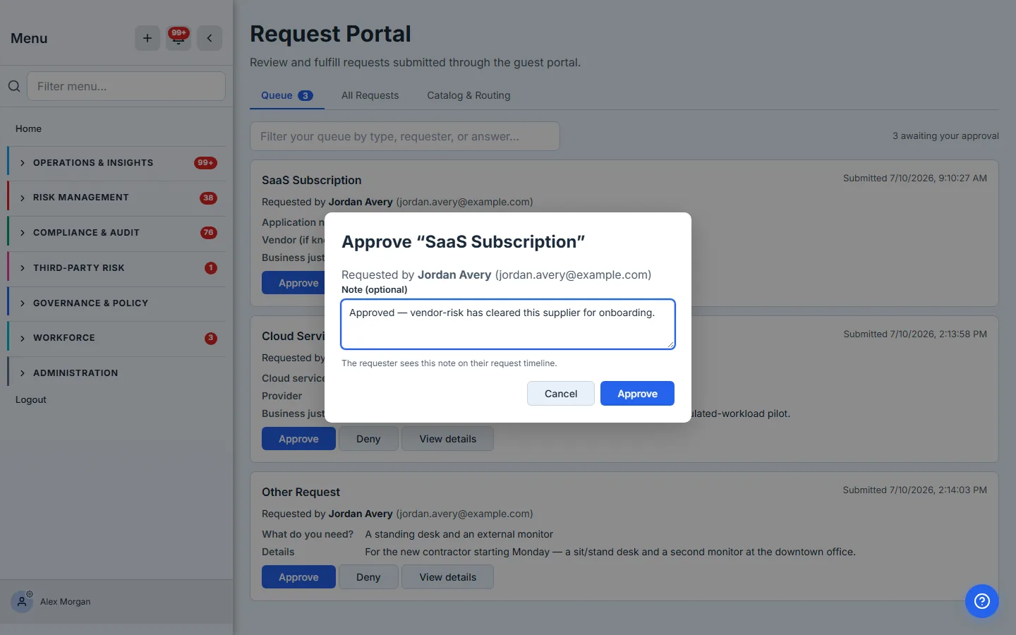 The approve dialog — an optional note field, filled with a decision note, and a line confirming the requester sees the note on their request timeline.
