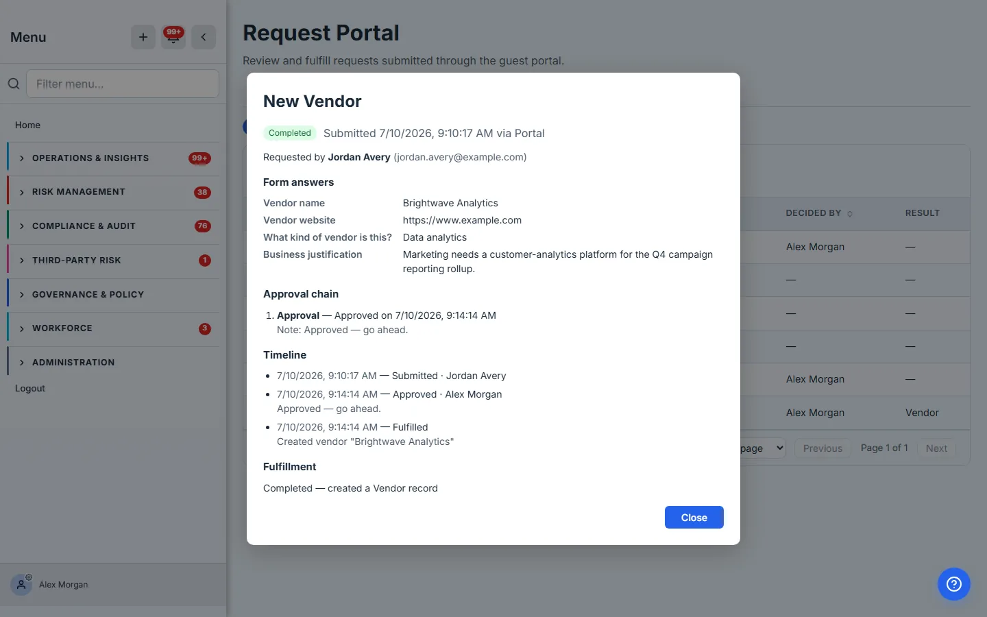 A New Vendor request's detail — submitted answers, the approval chain with its note, the timeline (submitted → approved → fulfilled), and a Fulfillment section confirming it created a Vendor record.