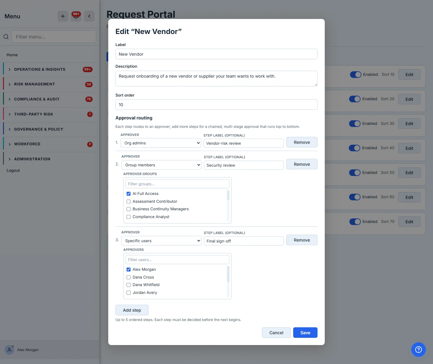 The routing editor for a request type — three ordered approval steps, each labeled, routing to Org admins, then a named group, then specific users chosen from a name picker.