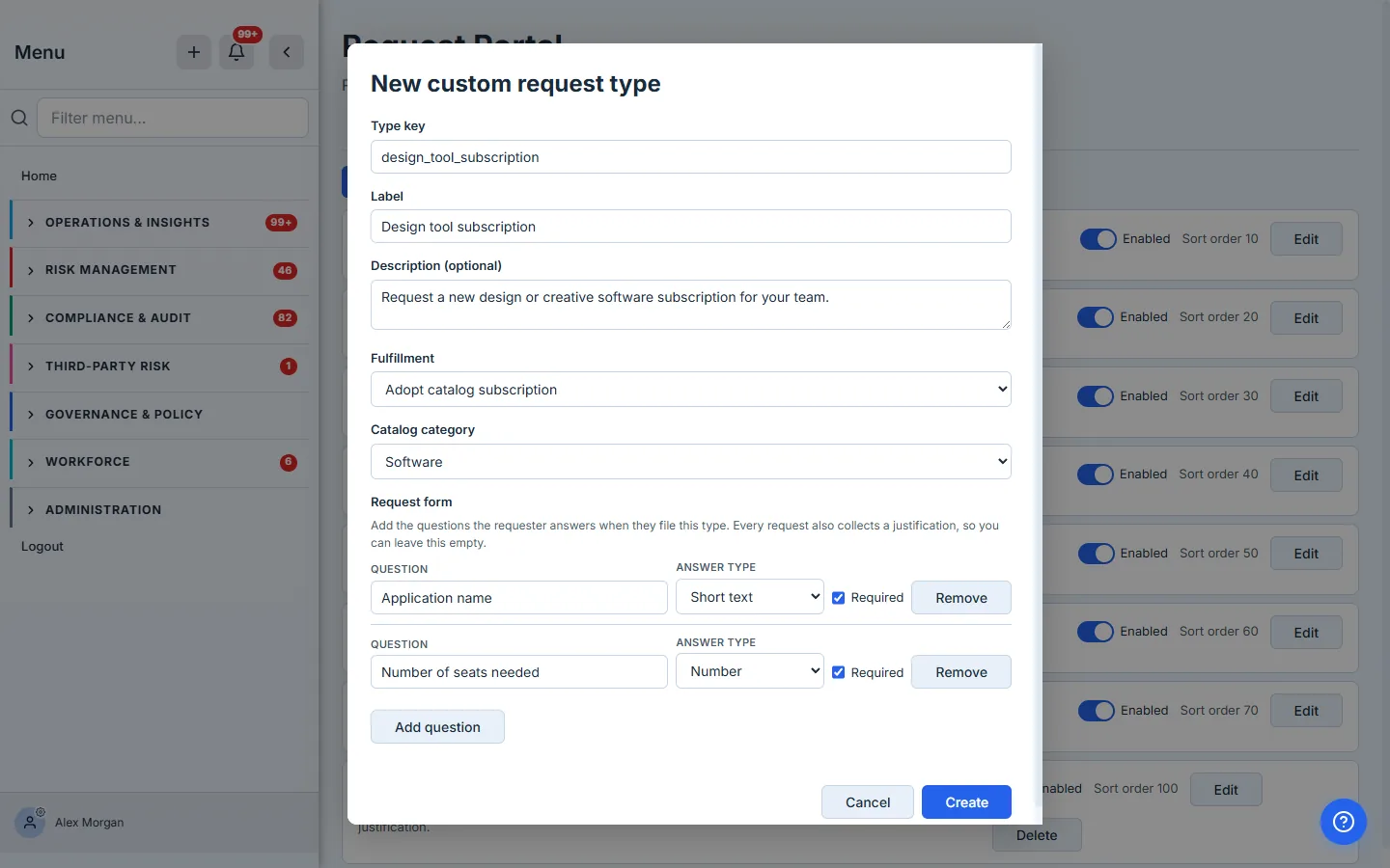 The new-custom-type modal — type key, label, fulfillment kind, catalog category, and a visual form builder where each question has an answer type and a required toggle.