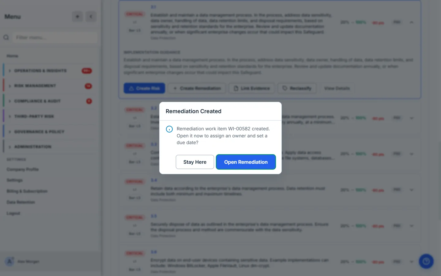 The "Remediation Created" confirmation — work item WI-00582 created from the gap, offering to open it now to assign an owner and set a due date.