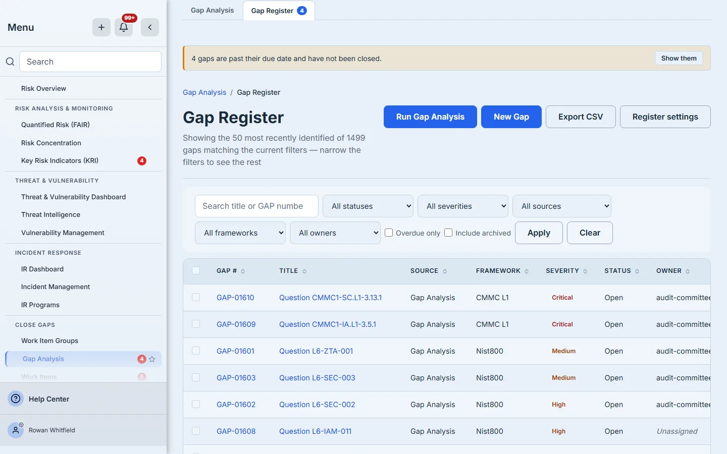 The Gap Register at /app/gaps — the count line, the filter bar with its search box and five pickers, and the table showing Gap #, Title, Source, Framework, Severity, Status and Owner.