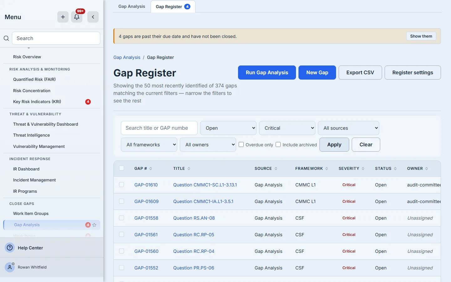 The filter bar with Severity set to Critical and Status to Open, the count line updated to the narrowed set, and the Overdue only and Include archived checkboxes beside them.