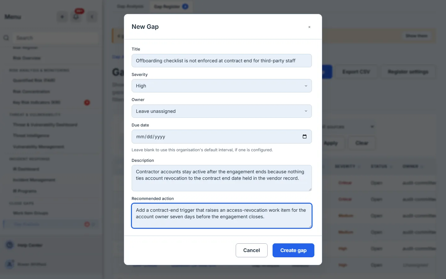 The New Gap modal — Title, Severity, Owner, Due date, Description and Recommended action.