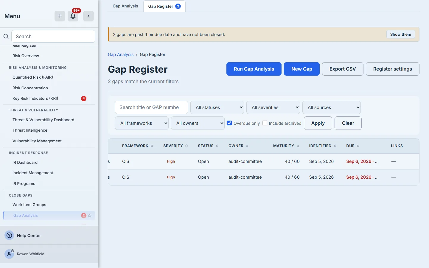 The register filtered to Overdue only and scrolled right to its last columns — Owner, Maturity, Identified, Due and Links — with each row showing a named owner and a past due date in red.