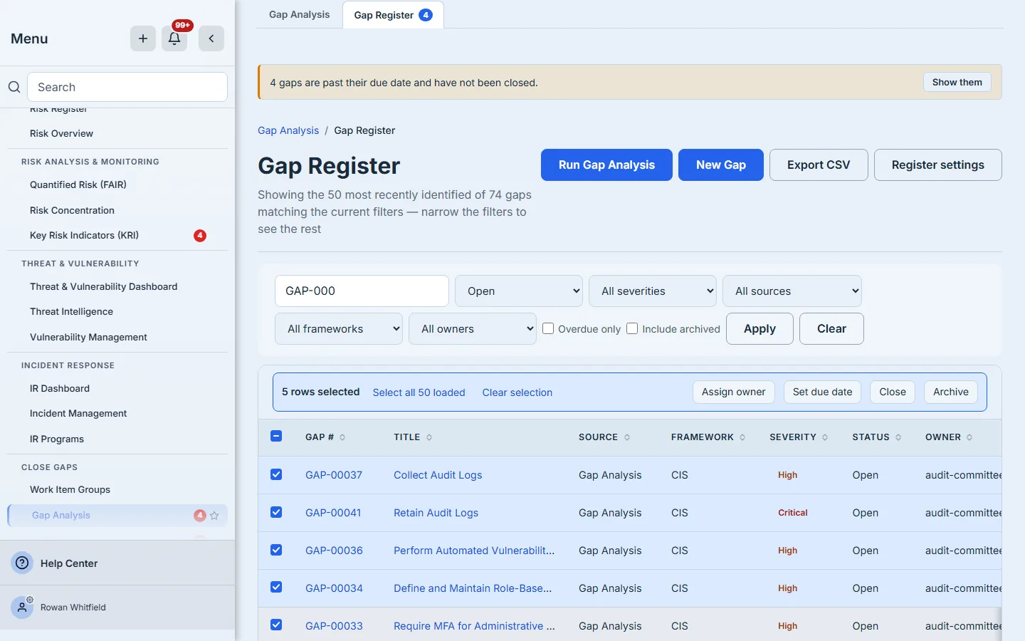 Rows selected in the register with the bulk action bar showing Assign owner, Set due date, Close and Archive.