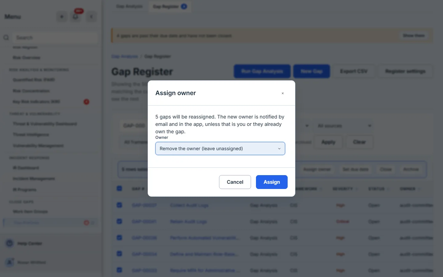 The bulk Assign owner modal — one owner picker applied to the selected gaps.