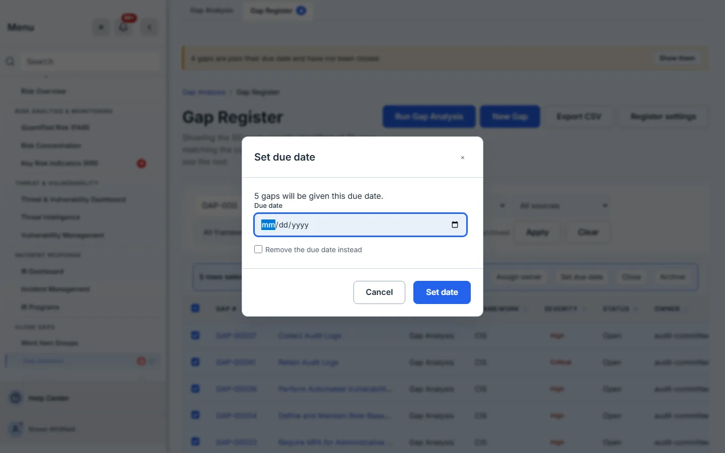 The bulk Set due date modal, with the checkbox that clears the due date instead of setting one.