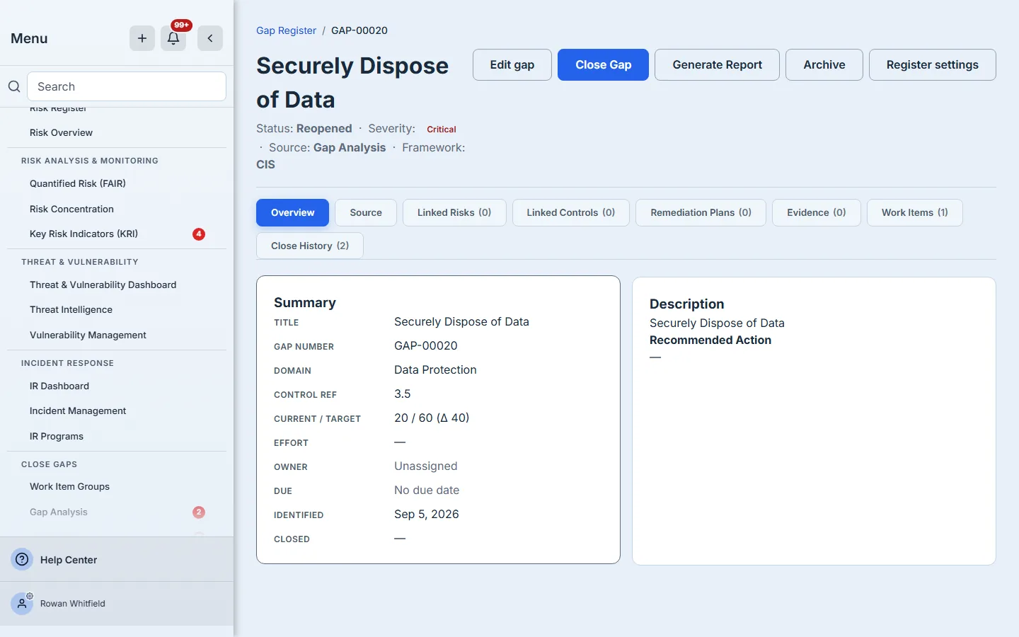 The Gap Case File Overview — status, severity, source and framework strip above the detail grid.