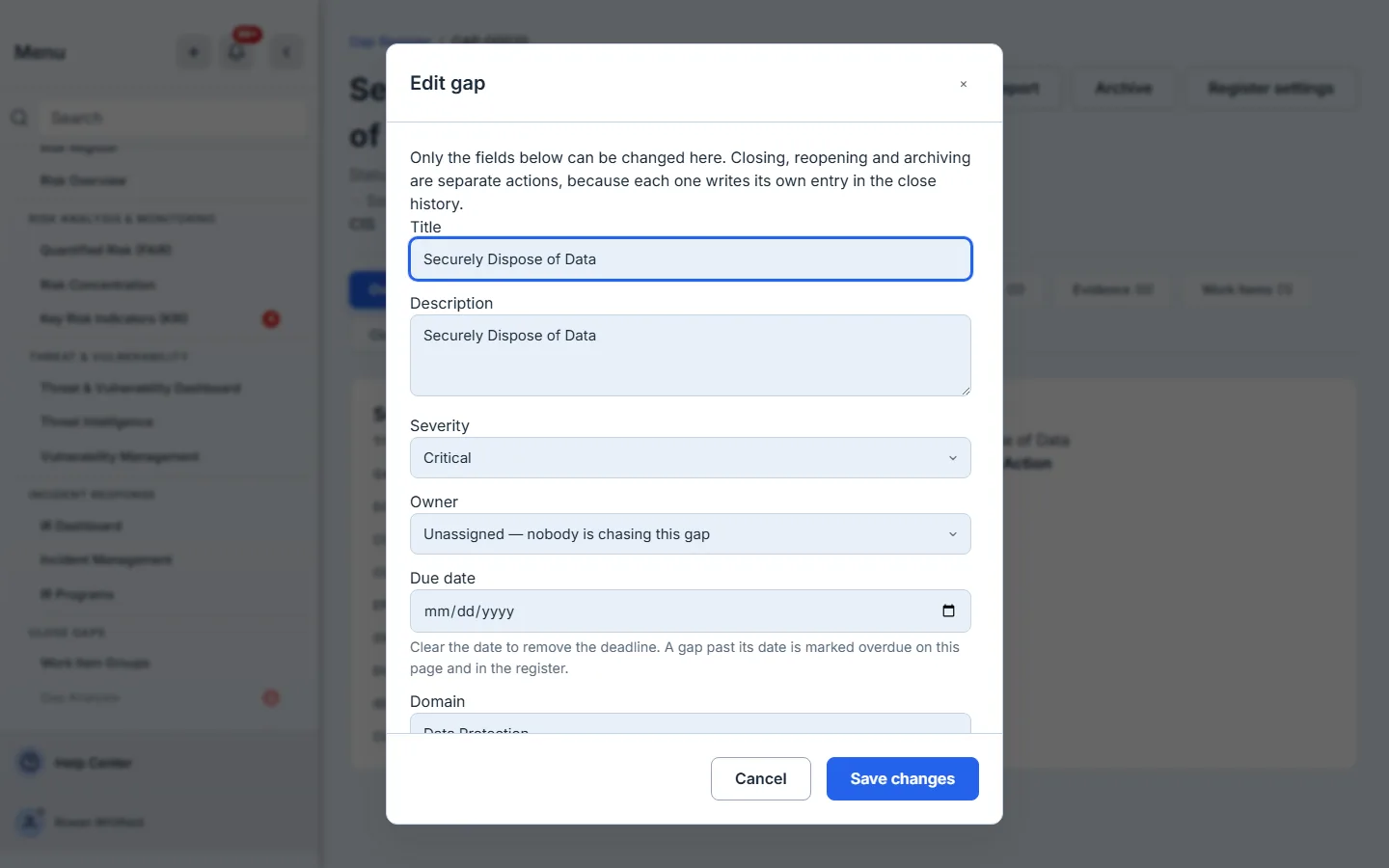 The Edit gap modal — title, description, severity, owner and due date on screen, with domain, effort, recommended action and impact-if-resolved continuing below the fold of the modal body.