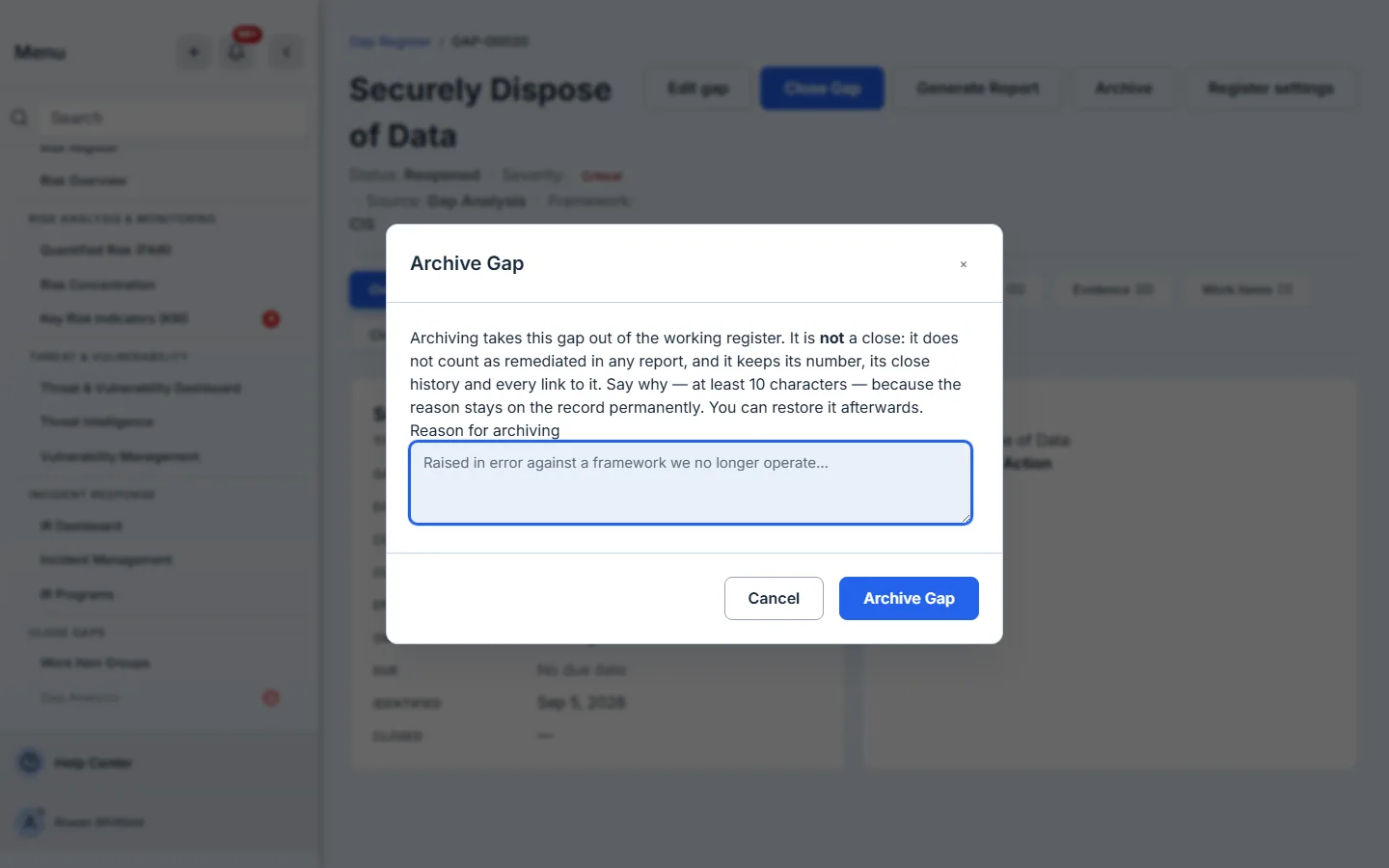 The Archive modal — the reason field, and the ten-character minimum it states above it.