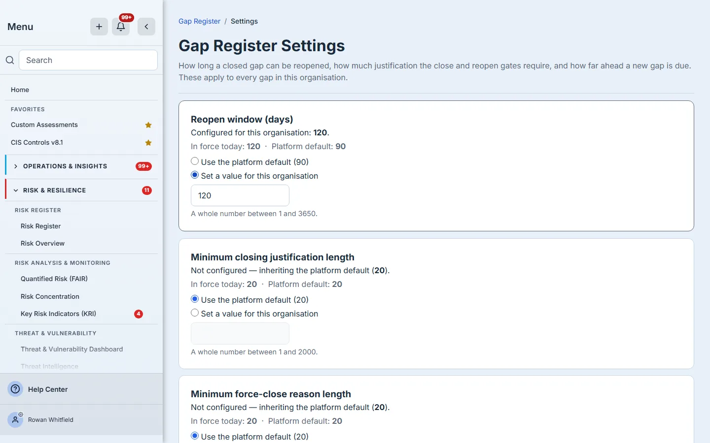 The top of Gap Register Settings — the reopen window, set to 120 for this organisation against a platform default of 90, and the minimum closing justification length, inheriting the default of 20. Each card names both the value in force and the platform default; the remaining settings listed below continue further down the page.