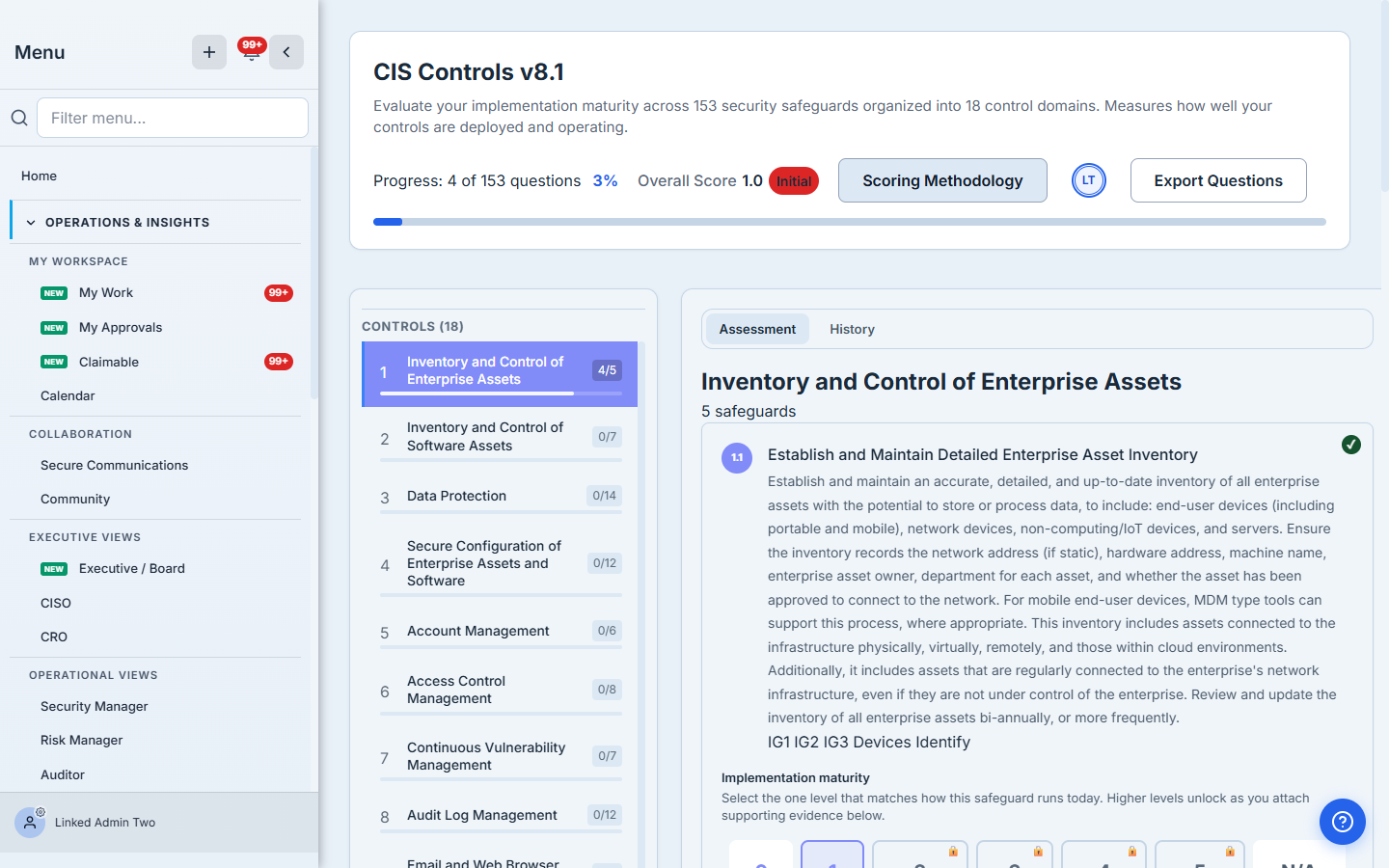 CIS Controls v8.1 assessment — header with Overall Score and progress, the 18 control domains in the left rail, and the first domain's safeguards in the main panel.