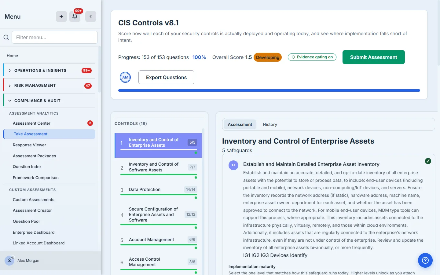 CIS Controls v8.1 assessment — header with Overall Score, progress, and the green "Evidence gating on" chip; the 18 control domains in the left rail; and the first domain's safeguards in the main panel, its maturity scale showing levels 3–5 locked behind evidence.